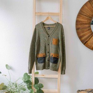 Goodale Olive Green Cardigan with Faux Leather Pocket flaps